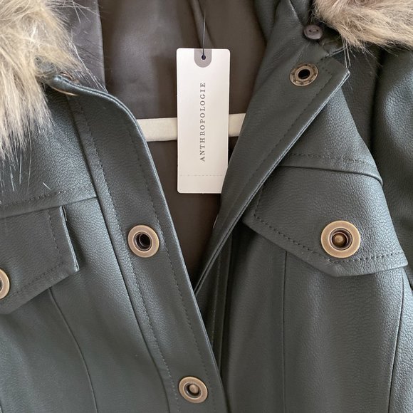 NWT 🔖 Anthropologie Green Faux Leather Jacket w/ Removable Faux Fur Collar - Picture 10 of 16